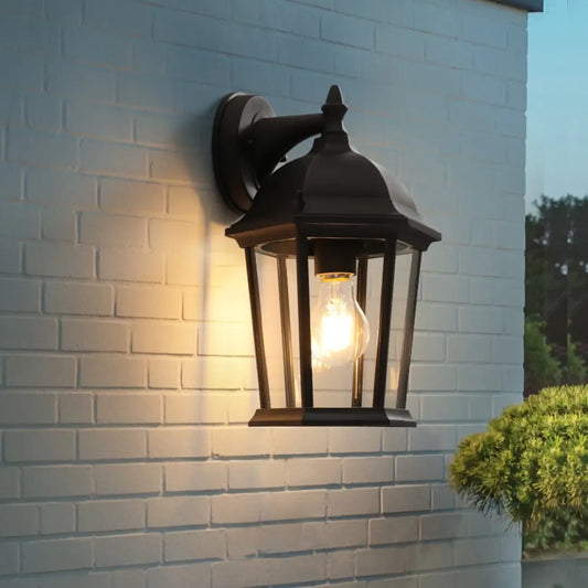 Classic Black Metal and Glass Lantern Wall Sconce Light