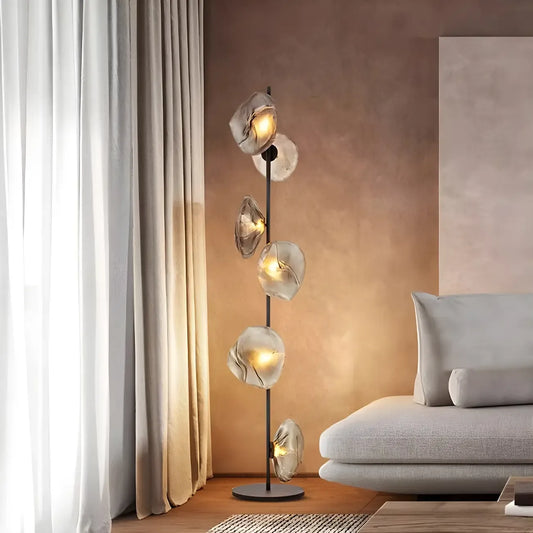 Art Deco 6-Light Clear Glass Geometric Floor Lamp in Black/Gold