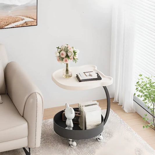 Vintage Round Side Table with Wheels and Storage