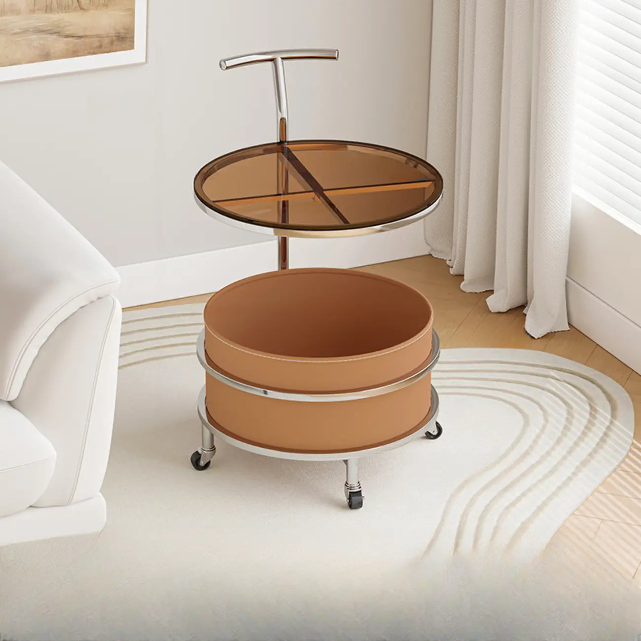 Vintage Round Side Table with Wheels and Storage