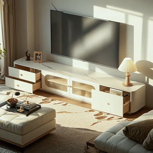 White Modern Rectangle Stone Fluted Glass Door TV Stand