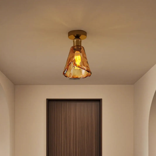 Modern Brass Amber Glass Cone Semi Flush Ceiling Light