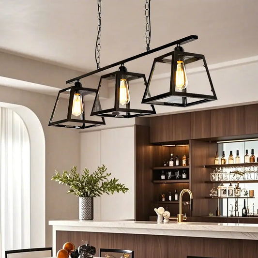 Industrial Black Metal 3-Light Pyramid Island Pendant Light
