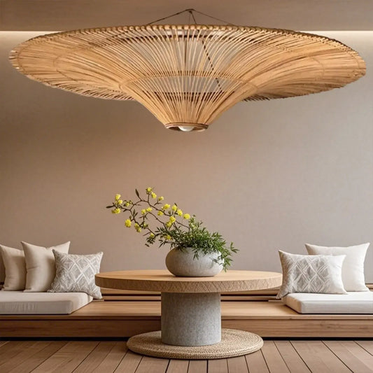 Natural Woven Rattan Bohemian Semi Flush Ceiling Light