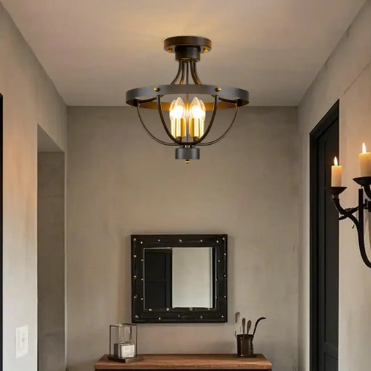 Industrial Cage-Shaped Semi-Flush Ceiling Light for Bedroom