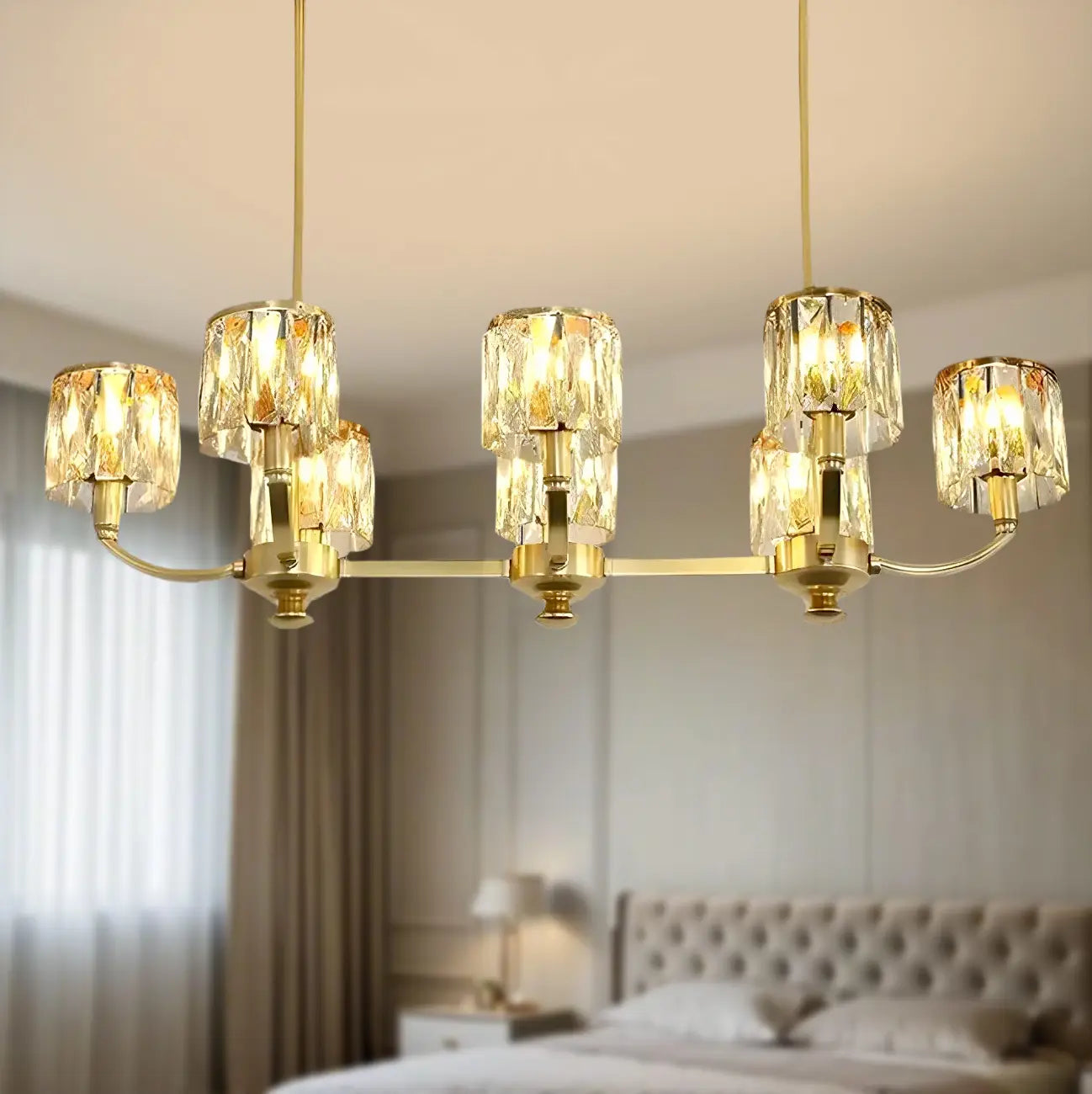 Modern Gold Crystal Cylinder Island Pendant Light for Kitchen