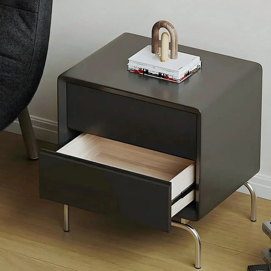 Classic Black Wood 2 Drawers Nightstand with Silver Metal Base