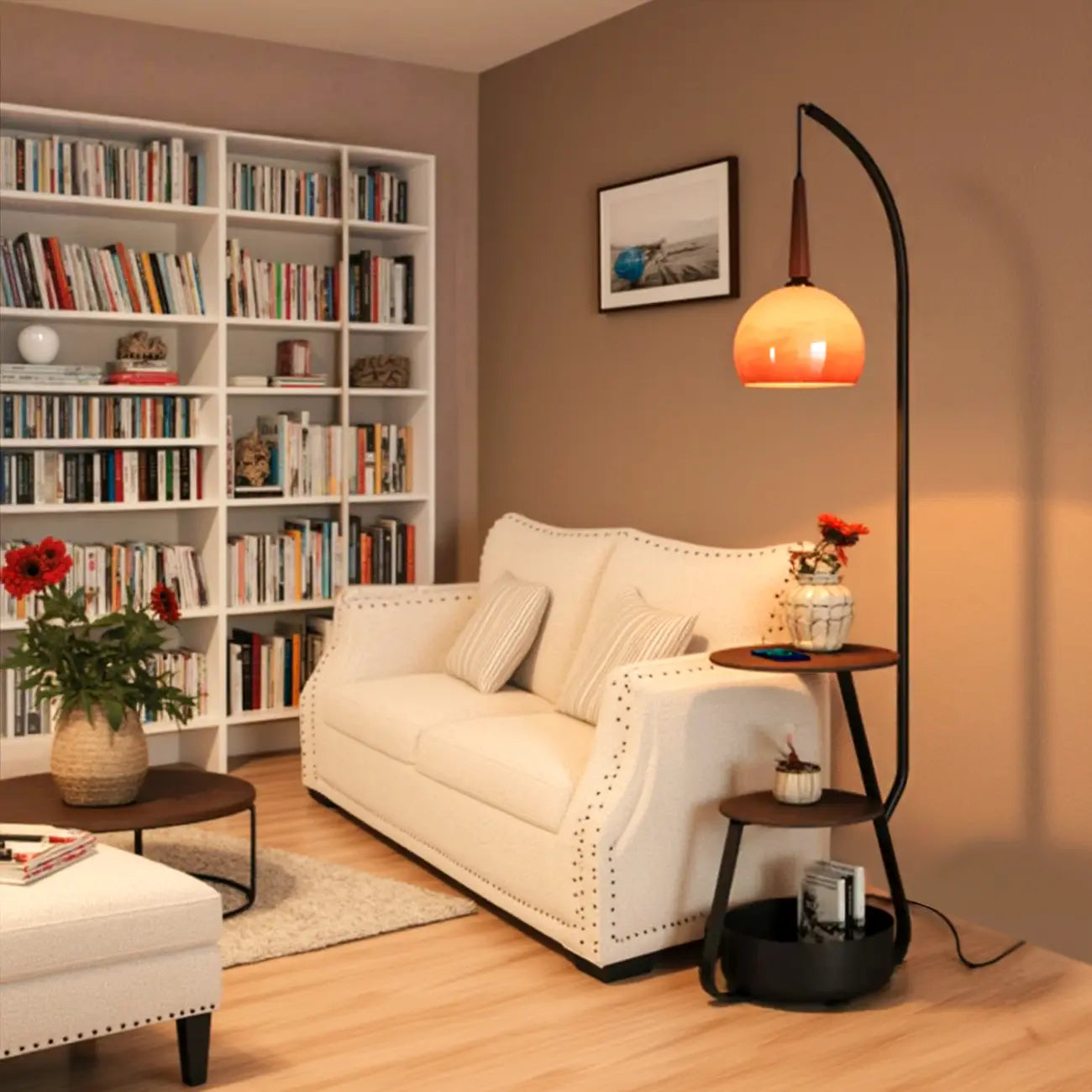 Orange Arc Standing Dome Floor Lamp with Side Table Dimmable