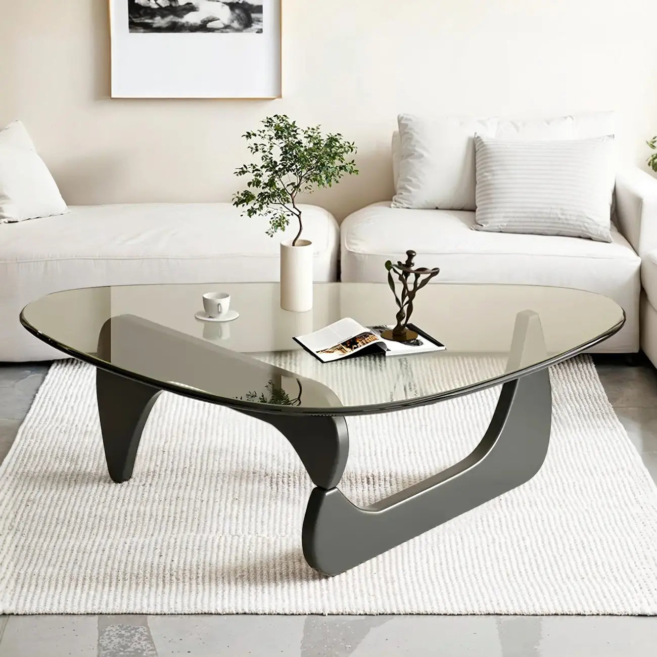 Modern Triangle Glass Coffee Table Wooden Base