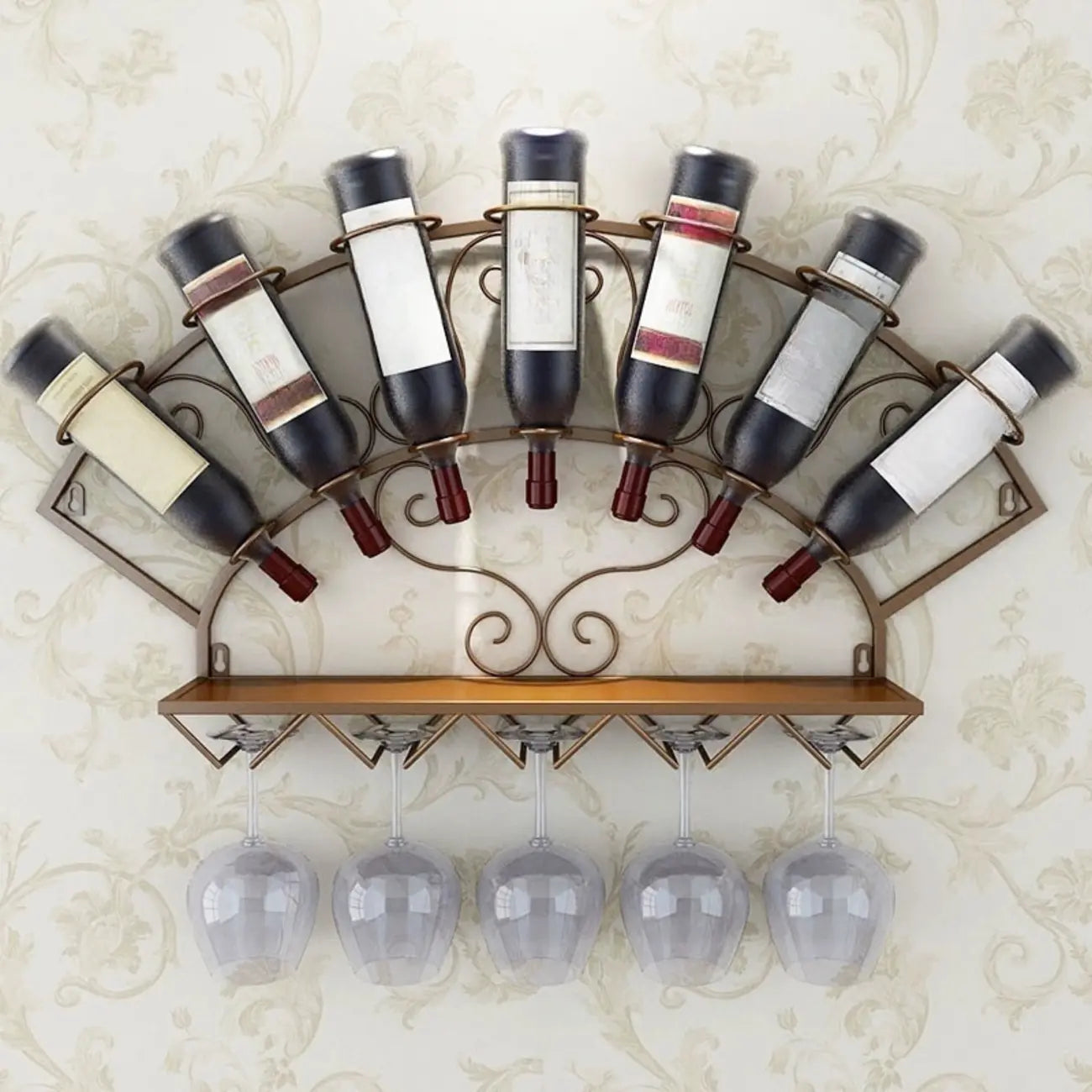Fan-shaped Simple Metal Wall-Mounted Wine Bottle & Glass Rack