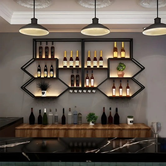 Black Metal Wall-Mounted Lighted Wine Rack