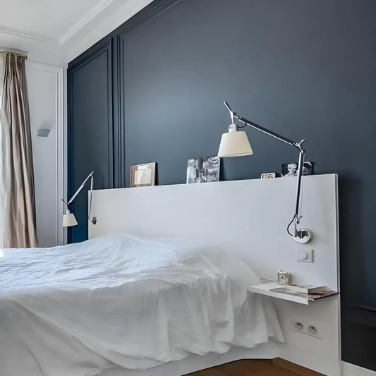 Industrial Silver Swing Arm Wall Light with White Fabric Shade