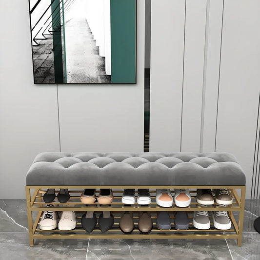Gray Upholstered Shoe Rack with Gold Frame for Entryway