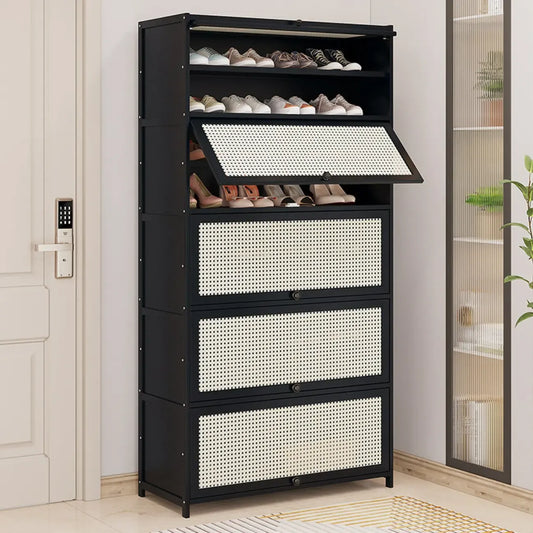 Modern Black Bamboo Shoe Cabinet with Rattan Panels