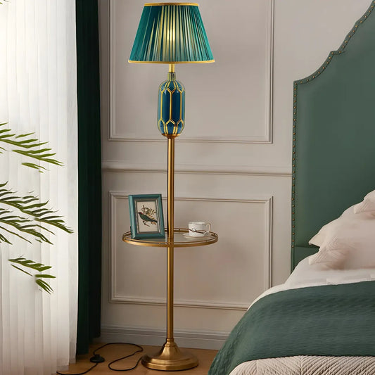 Luxurious Vertical Green Fabric Pleated Floor Lamp with Shelf