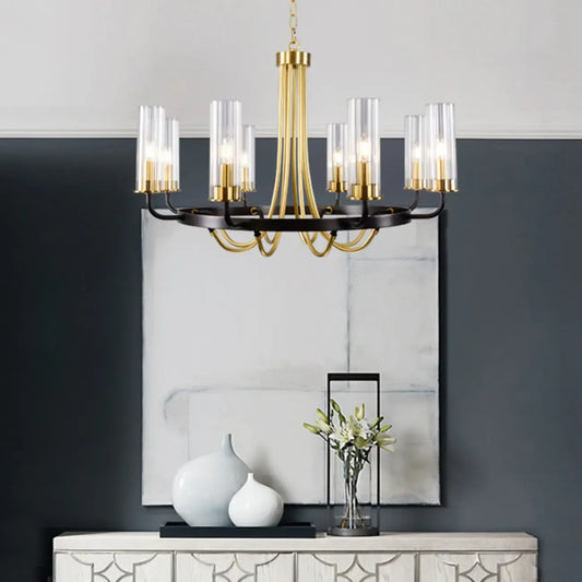 Modern Circle Black Gold Clear Glass Shade Chandelier