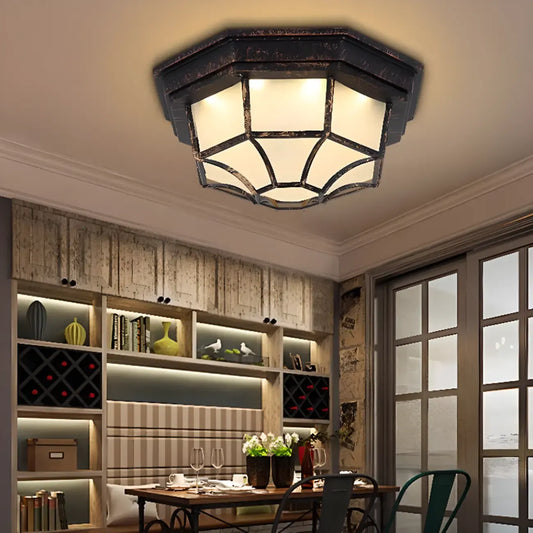 Industrial Black Round Metal LED Flush Ceiling Light