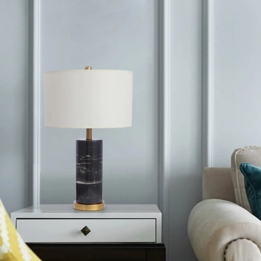 Modern Cylinder Stone Table Lamp with Fabric Shade