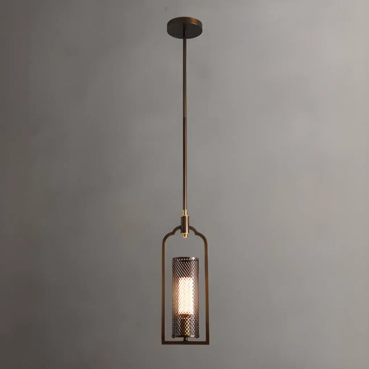 Antique Brass Cylinder Pendant Light with Copper Mesh Shade