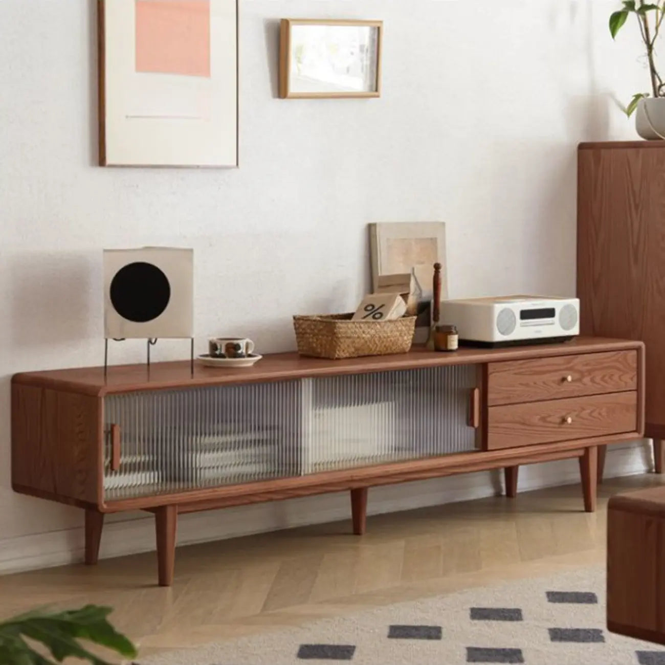 71 Natural Wooden Glass Sliding Door TV Stand with Drawers