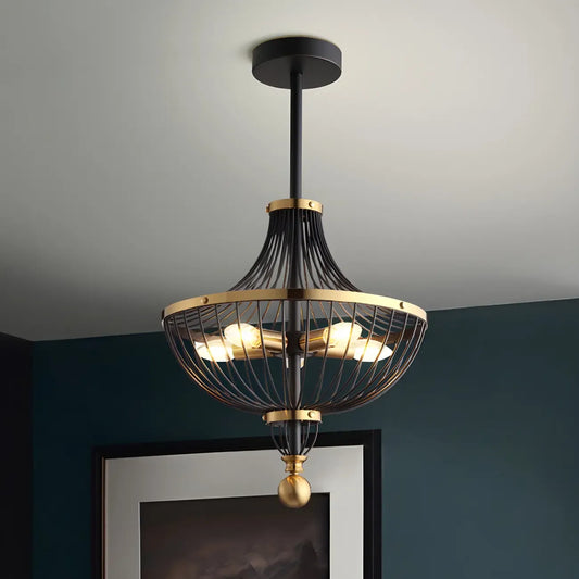 Industrial Gold Black Metal Cage Chandelier