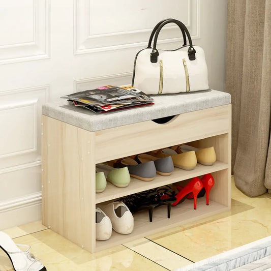 White Wooden Shoe Storage Bench with Hidden Storage