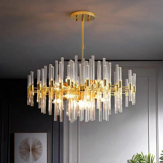 Glamorous Gold Clear Glass Column Starburst Chandelier