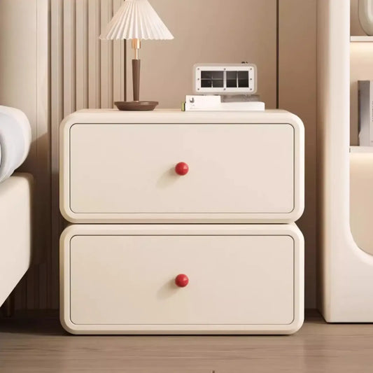 Art Deco Wood Faux Leather Red-Ball Pulls 2-Drawer Nightstand