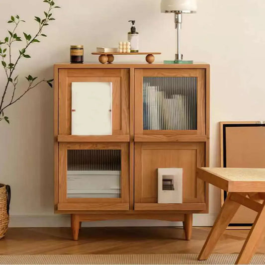 Brown Pine Wood Rectangle 4 Cabinet with Glass Doors