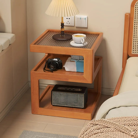 Organic Wood Bedside Cabinet with Glass Top Nightstand