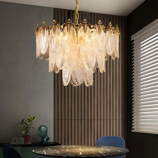 Elegant Brass Ribbed Glass Tiered Chandelier
