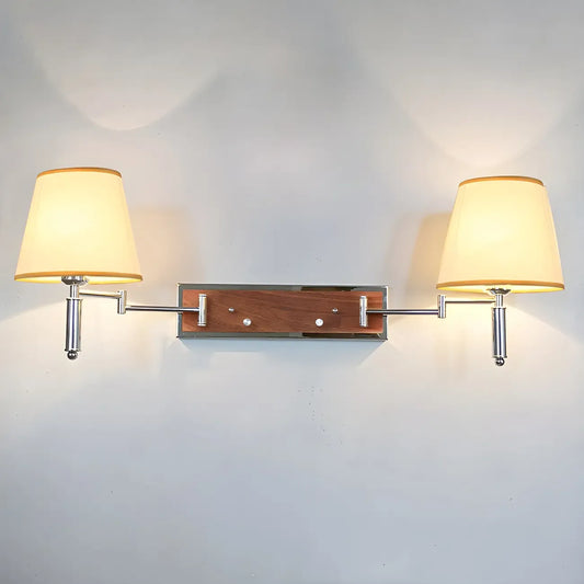 2-Light Silver Swing Arm Fabric Shade Wall Light