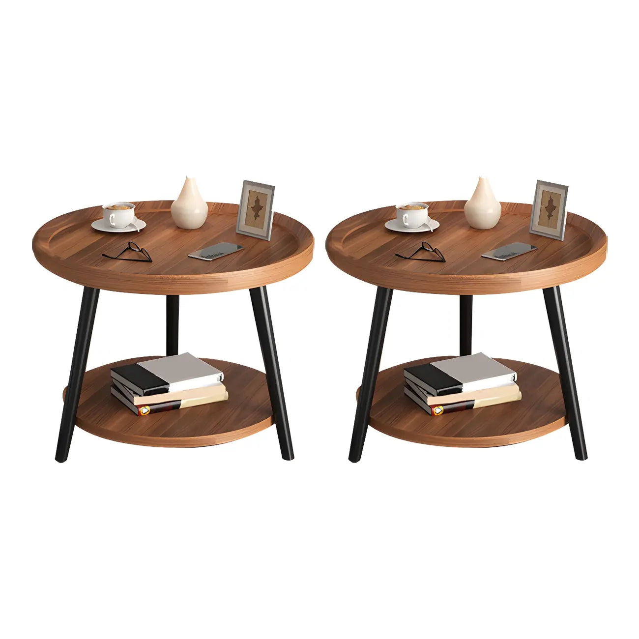 Modern Round Walnut Finish Open Storage Nightstand