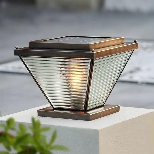 Bronze Solar Striped Reverse-Pyramid Outdoor Post Lights