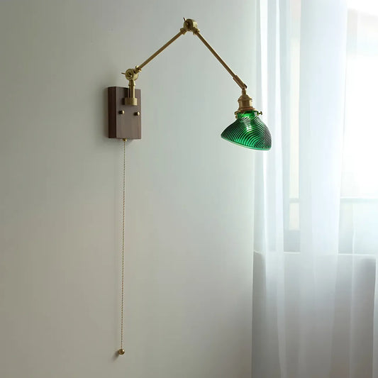 Vintage Brass Swing Arm Carved Glass Shade Wall Light