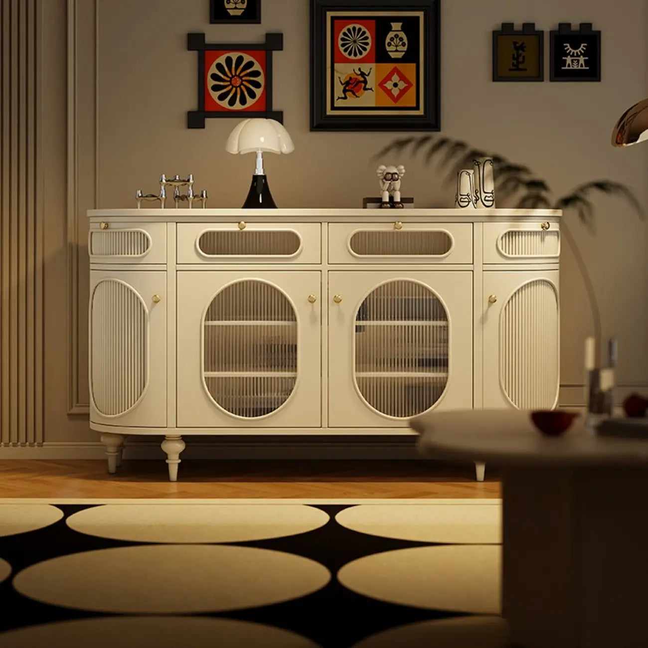 55 L French White/Black Oval Sideboard Cabinet with Glass Doors