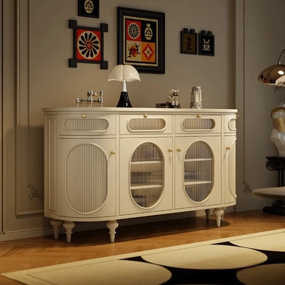 55 L French White/Black Oval Sideboard Cabinet with Glass Doors