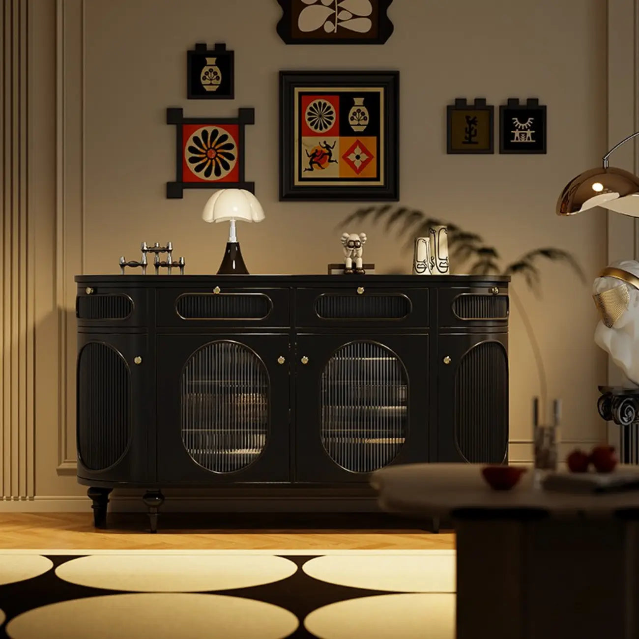 55 L French White/Black Oval Sideboard Cabinet with Glass Doors