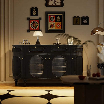 55 L French White/Black Oval Sideboard Cabinet with Glass Doors