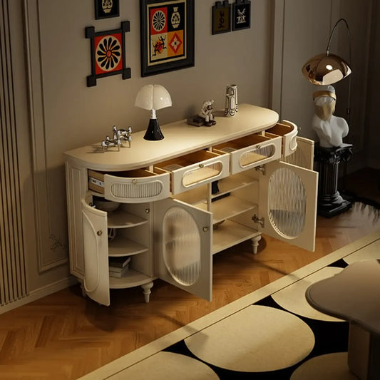 55 L French White/Black Oval Sideboard Cabinet with Glass Doors