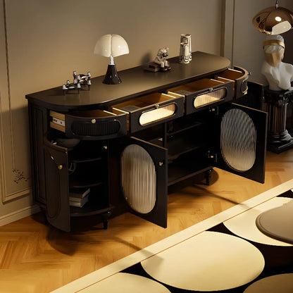 55 L French White/Black Oval Sideboard Cabinet with Glass Doors