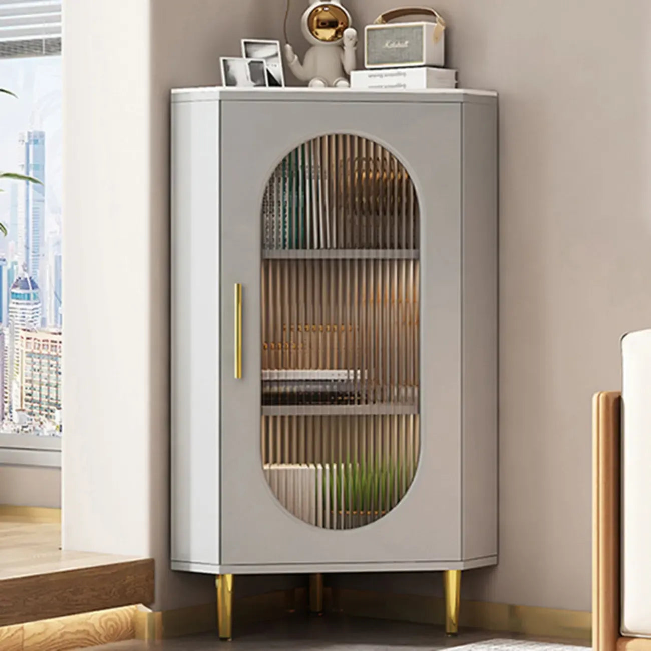 Freestanding Indoor Corner Cabinet with Glass Door and Light
