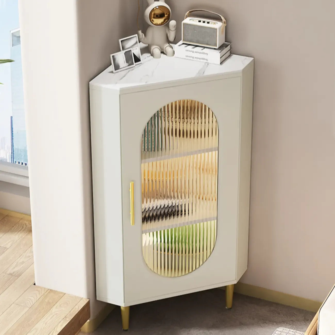 Freestanding Indoor Corner Cabinet with Glass Door and Light