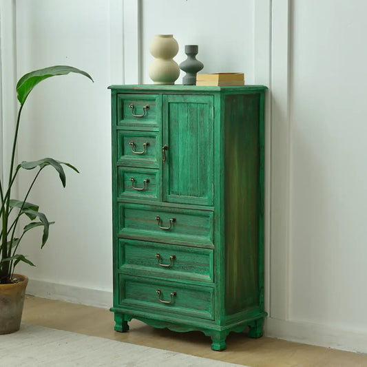 Rustic Wooden Yellow Storage Cabinet with Drawer Rings