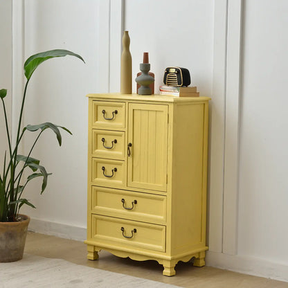 Rustic Wooden Yellow Storage Cabinet with Drawer Rings