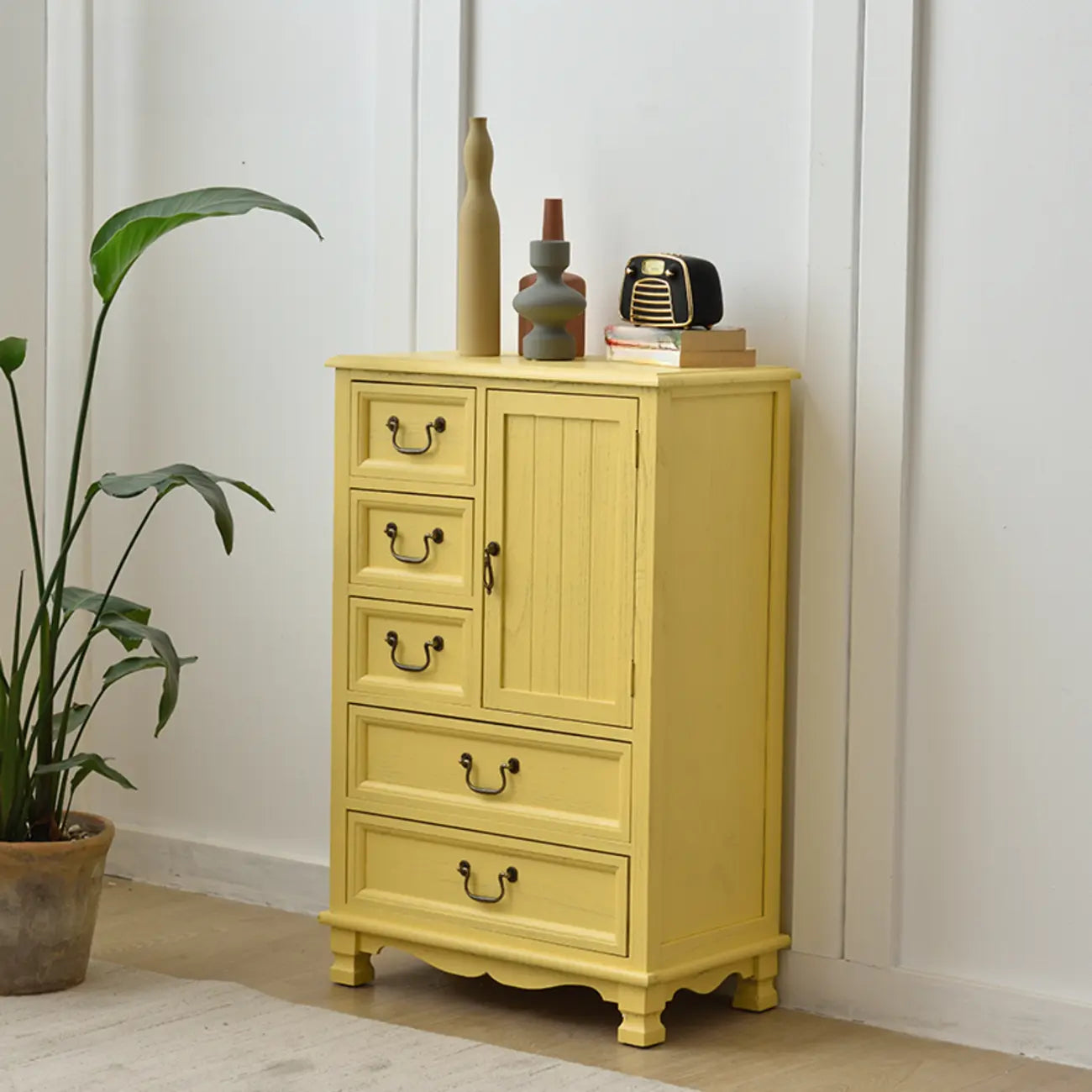 Rustic Wooden Yellow Storage Cabinet with Drawer Rings