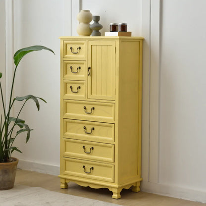 Rustic Wooden Yellow Storage Cabinet with Drawer Rings