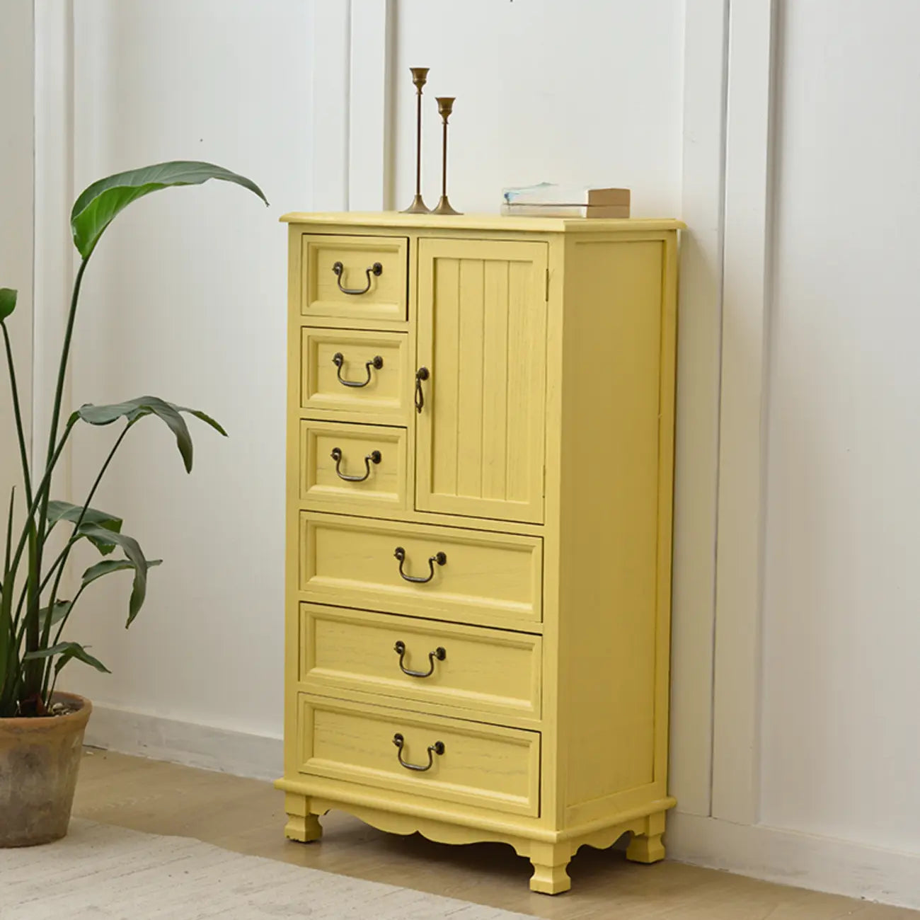 Rustic Wooden Yellow Storage Cabinet with Drawer Rings