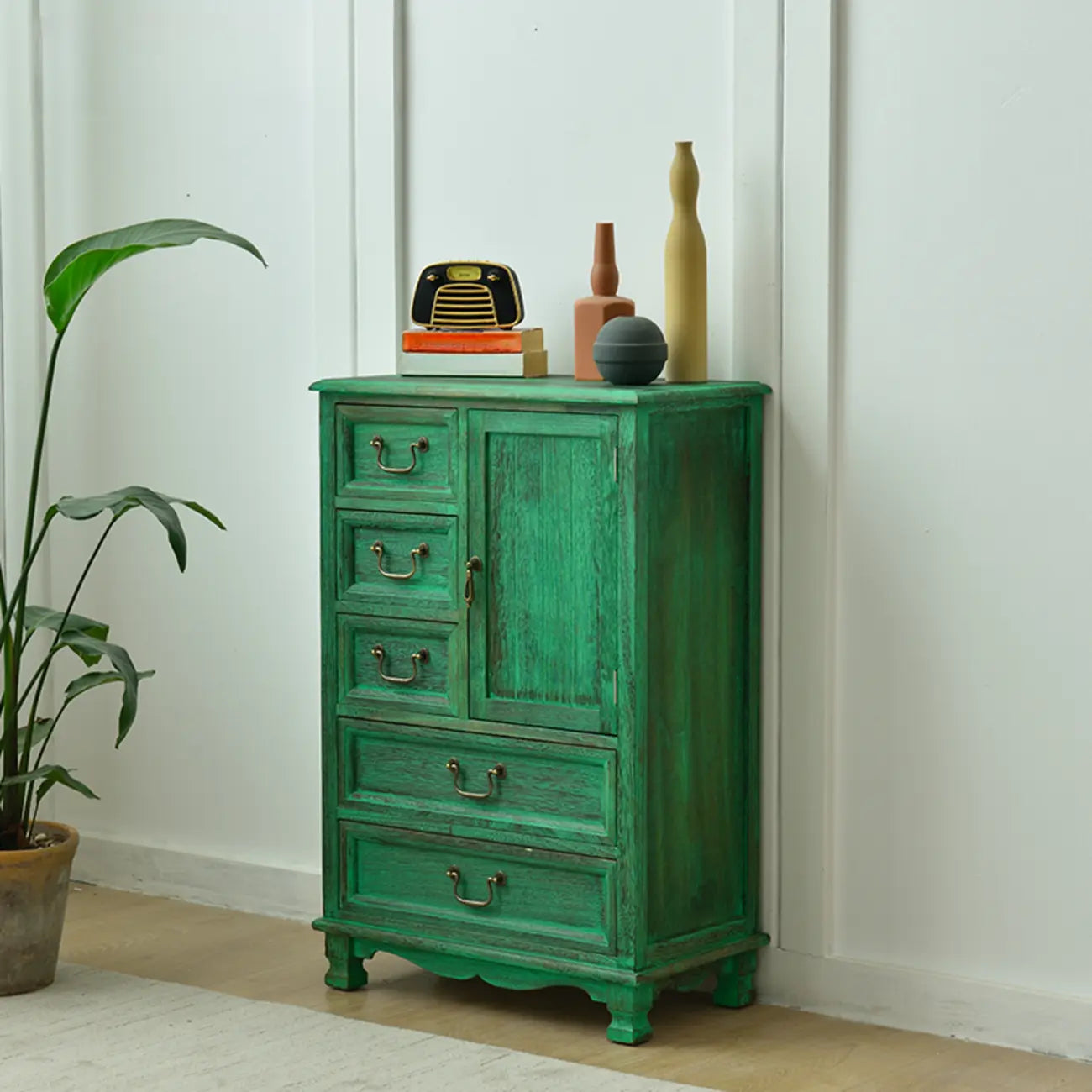 Rustic Wooden Yellow Storage Cabinet with Drawer Rings