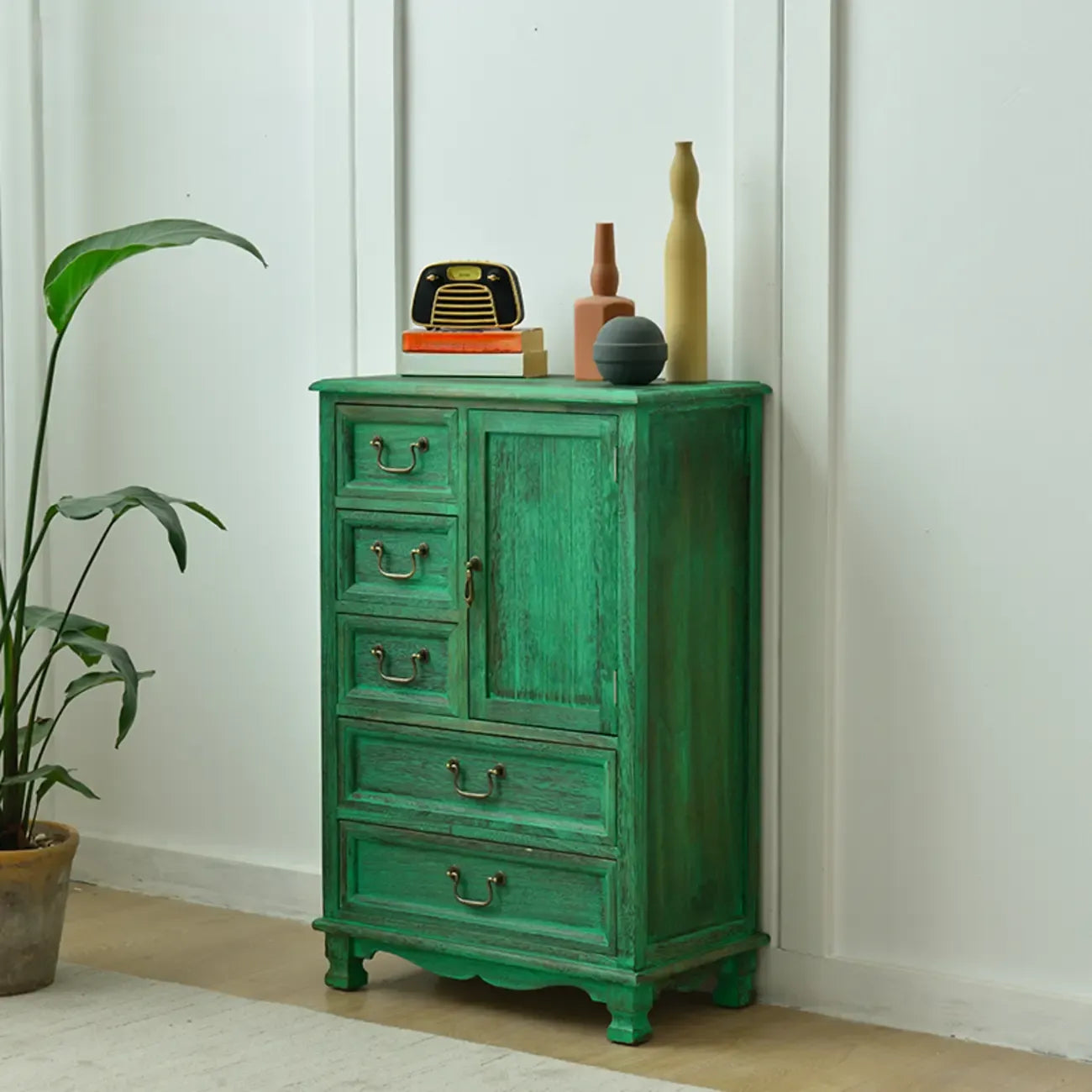 Rustic Wooden Yellow Storage Cabinet with Drawer Rings